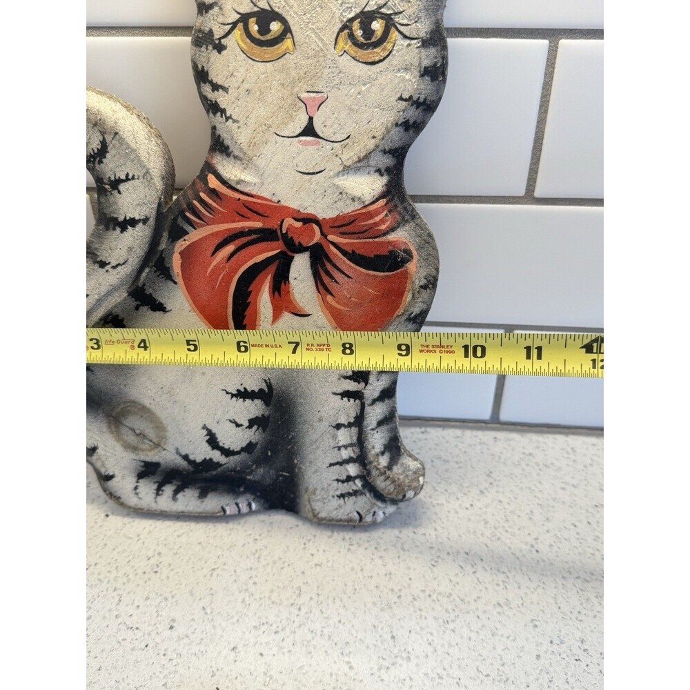 Hand Made Wood Cat 13" Tall Primitive Decor Painted Floral Folk Art Kitty Signed - Picture 11 of 13